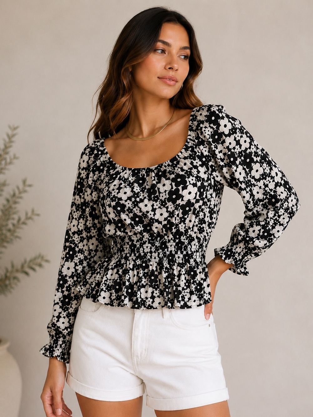 Cato Black & White Floral Smocked Peplum Blouse